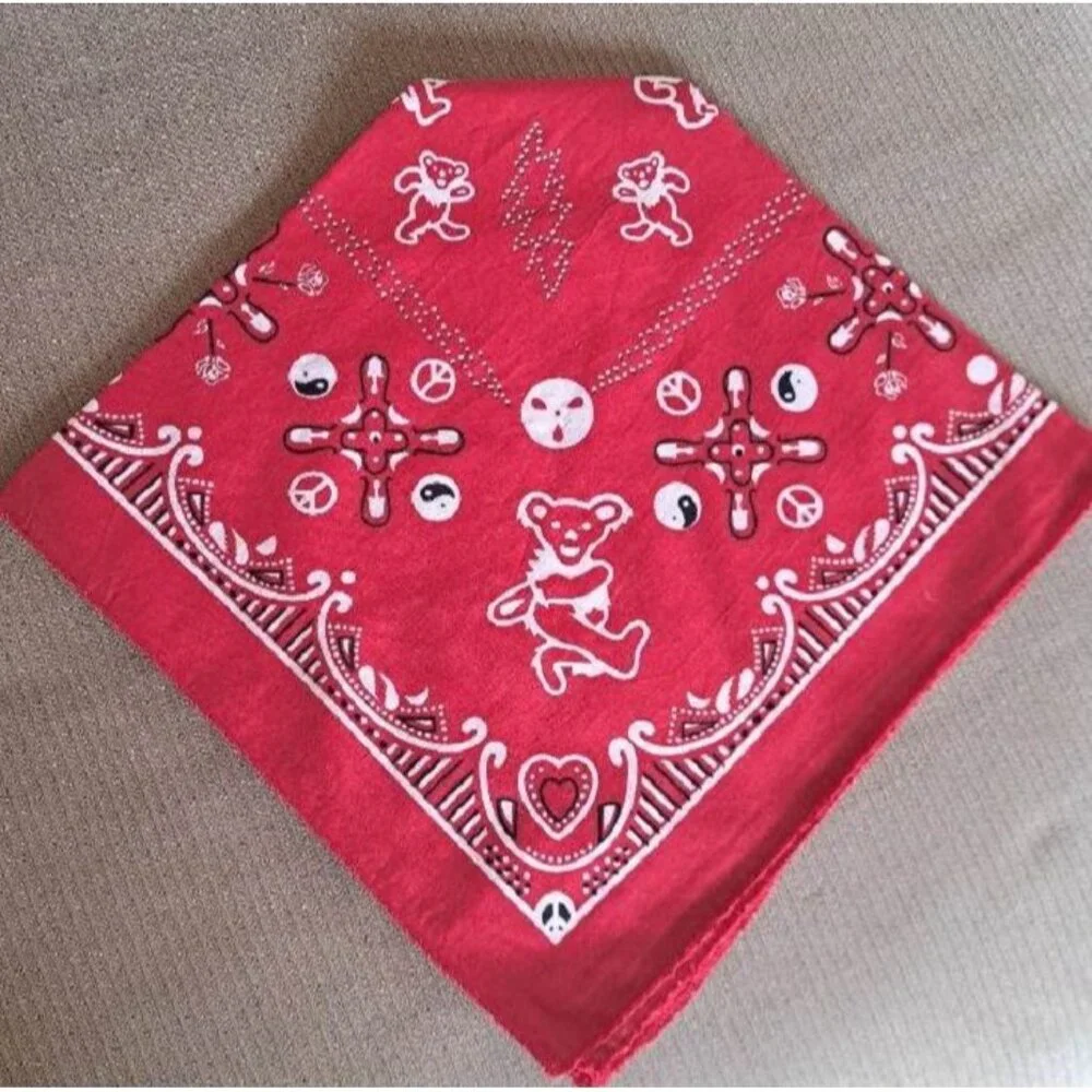 New Red Bear Skull Grateful Dead Bandana Hippie Headband Tour NWT Peace Yin Yang - Picture 3 of 4